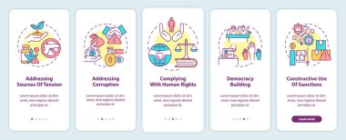 Mobil uygulama ekranında silahlı çatışmalar önleniyor. Demokrasi 5 aşamalı grafiksel talimat sayfaları doğrusal kavramlarla dolu. UI, UX, GUI şablonu. Kullanılan sayısız Pro-Kalın, Düzenli yazı tipleri