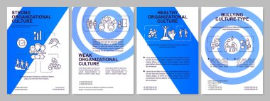 Organizasyon kültürü mavi broşür türleri. İş ortamı. Çizgisel simgeli broşür tasarımı. Sunum için 4 vektör düzeni, yıllık raporlar. Arial-Black, Kullanılan Myriad Pro-Normal yazı tipleri