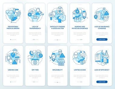 Mobil uygulama ekranında sağlık sistemi mavisi ile ilgili sorunlar. Çizgisel kavramlarla dolu 5 aşamalı grafik talimatları. UI, UX, GUI şablonu. Kullanılan sayısız Pro-Kalın, Düzenli yazı tipleri