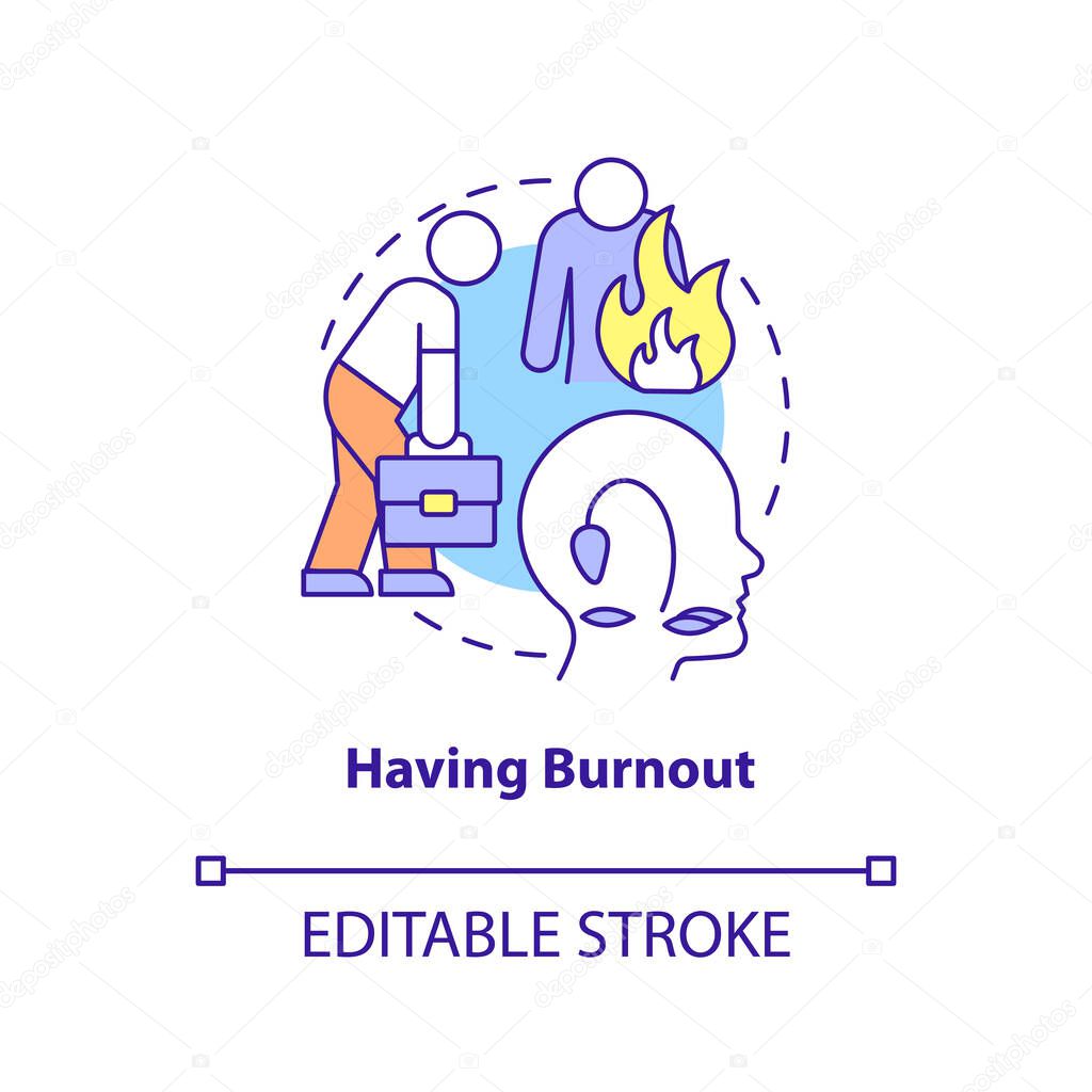 Having burnout concept icon. Work related stress. Sign of toxic workplace abstract idea thin line illustration. Isolated outline drawing. Editable stroke. Arial, Myriad Pro-Bold fonts used