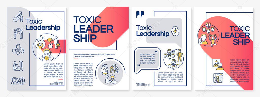 Toxic leadership red and grey brochure template. Abusive and hostile ceo. Leaflet design with linear icons. 4 vector layouts for presentation, annual reports. Questrial, Lato-Regular fonts used