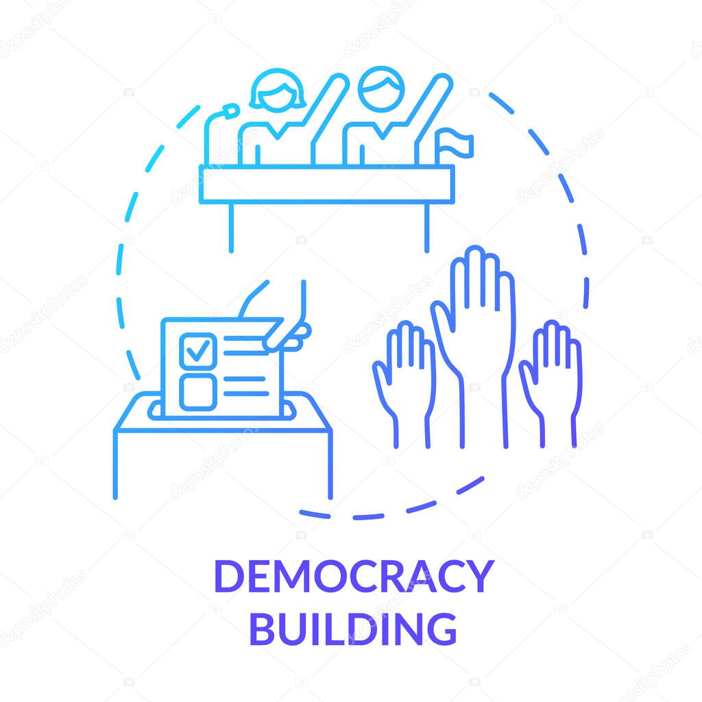 Democracy building blue gradient concept icon. Armed conflicts prevention method abstract idea thin line illustration. Political freedom. Isolated outline drawing. Myriad Pro-Bold font used
