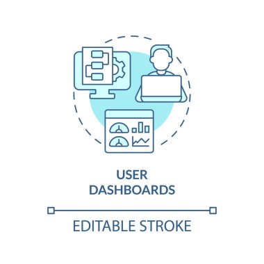 Kullanıcı gösterge paneli turkuaz konsept simgesi. Aktivite analizi. Çevrimiçi iş yeri soyut fikir ince çizgi çizimi özelliği. İzole bir taslak çizim. Düzenlenebilir felç. Arial, Myriad Pro-Kalın yazı tipleri
