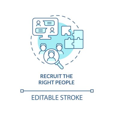 Doğru insanları işe almak konsept simgesini turkuaz hale getirir. İK işi. Sanal ofis soyut fikir çizgisi çizimine başlamak için adım. İzole bir taslak çizim. Düzenlenebilir felç. Arial, Myriad Pro-Kalın yazı tipleri