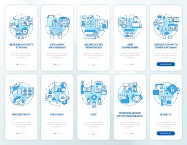 Çevrimiçi iş yeri mavisi mobil uygulama ekran seti. Sanal ofis gezintisi 5 adım grafik talimatları sayfaları doğrusal kavramlarla. UI, UX, GUI şablonu. Kullanılan sayısız Pro-Kalın, Düzenli yazı tipleri