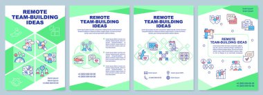 Uzaktan kumandalı takım oluşturma fikirleri yeşil broşür şürü. Online işbirliği. Çizgisel simgeli broşür tasarımı. Sunum için 4 vektör düzeni, yıllık raporlar. Arial-Black, Kullanılan Myriad Pro-Normal yazı tipleri