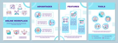 Çevrimiçi iş yeri organizasyonu mavi broşür. Uzaktan ofis. Çizgisel simgeli broşür tasarımı. Sunum için 4 vektör düzeni, yıllık raporlar. Arial-Black, Kullanılan Myriad Pro-Normal yazı tipleri