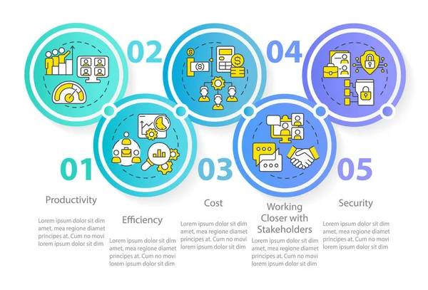 Çevrimiçi işbirliği çemberi bilgi şablonunun avantajları. Veri görselleştirmesi 5 adımda. İşlem zaman çizelgesi bilgi şeması. Satır simgeleriyle çalışma akışı düzeni. Kullanılan Myriad Pro-Normal yazı tipi
