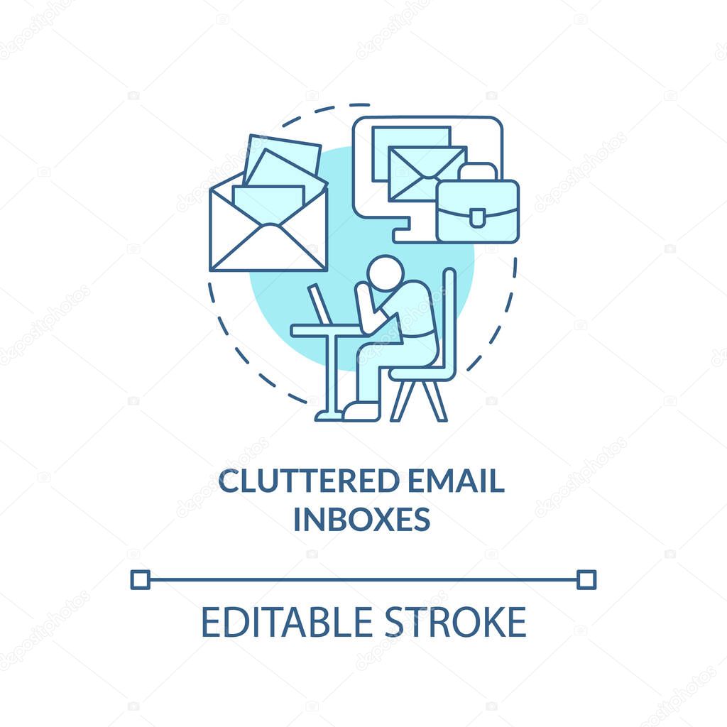 Cluttered email inboxes turquoise concept icon. Disadvantage of online collaboration abstract idea thin line illustration. Isolated outline drawing. Editable stroke. Arial, Myriad Pro-Bold fonts used