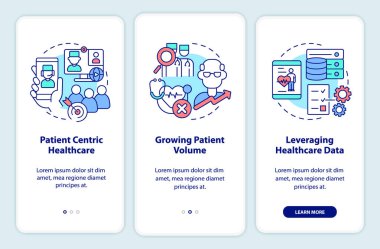 Mobil uygulama ekranında sağlık sorunları var. Hasta merkezli bakım, doğrusal kavramları olan üç adımda grafik talimatları sayfalarını gözden geçirir. UI, UX, GUI şablonu. Kullanılan sayısız Pro-Kalın, Düzenli yazı tipleri