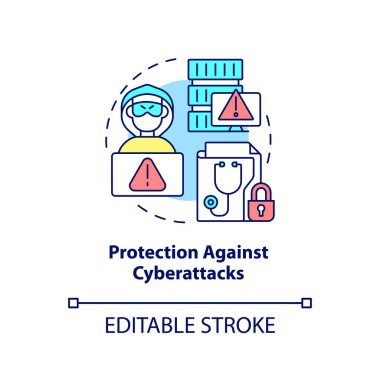Siber saldırılar konseptine karşı koruma. Elektronik sağlık kayıtlarını savunmak soyut fikir ince çizgili illüstrasyon. İzole bir taslak çizim. Düzenlenebilir felç. Arial, Myriad Pro-Kalın yazı tipleri