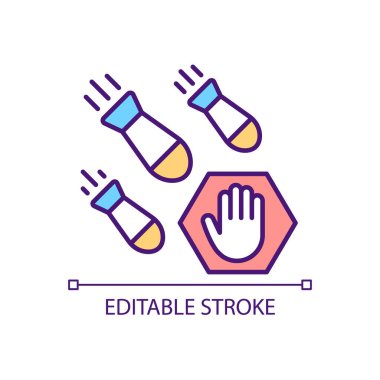 Nükleer bomba önleme RGB renk simgesi. Hava savunma sistemi. Bomba tehditleri azalıyor. Anti-balistik füze. İzole vektör çizimi. Basit bir çizgi çizimi. Düzenlenebilir felç. Kullanılan Arial yazı tipi