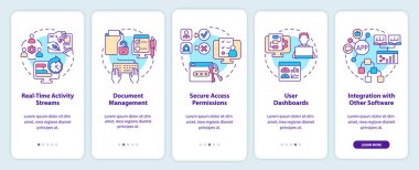 Mobil uygulama ekranındaki çevrimiçi ofis özellikleri. Uzak işyeri yürüyüşü 5 adım grafik talimatları sayfaları doğrusal kavramlarla. UI, UX, GUI şablonu. Kullanılan sayısız Pro-Kalın, Düzenli yazı tipleri