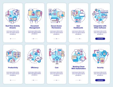 Mobil uygulama ekranında online işyeri. Sanal ofis gezintisi 5 adım grafik talimatları sayfaları doğrusal kavramlarla. UI, UX, GUI şablonu. Kullanılan sayısız Pro-Kalın, Düzenli yazı tipleri