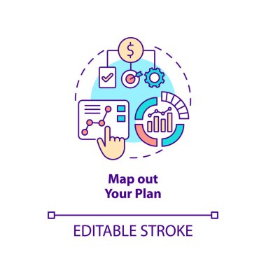 Plan konsept ikonunun haritasını çıkar. İş planlaması. Sanal ofis soyut fikir çizgisi çizimine başlamak için adım. İzole bir taslak çizim. Düzenlenebilir felç. Arial, Myriad Pro-Kalın yazı tipleri