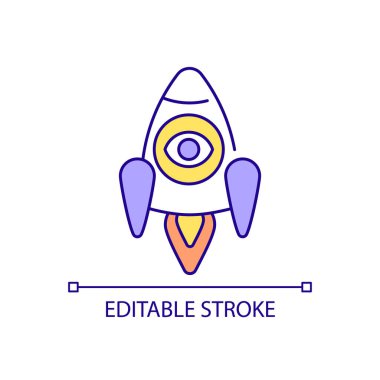 Uçan roket RGB renk simgesi. Uzay keşfi ve teknoloji. Bilim araştırması ve eğitim. İzole vektör çizimi. Basit bir çizgi çizimi. Düzenlenebilir felç. Kullanılan Arial yazı tipi