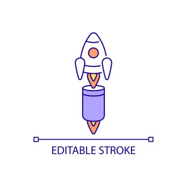 Yeniden kullanılabilir uzay roketi RGB renk simgesi. Uzay aracı yapımında yenilikler. Uzay keşfi teknolojisi. İzole vektör çizimi. Basit bir çizgi çizimi. Düzenlenebilir felç. Kullanılan Arial yazı tipi
