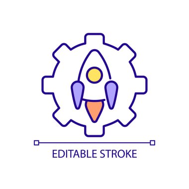 Roket yapım endüstrisi RGB renk ikonu. Uzay teknolojisi yenilikleri. Uzay gemisi mühendisliği. İzole vektör çizimi. Basit bir çizgi çizimi. Düzenlenebilir felç. Kullanılan Arial yazı tipi