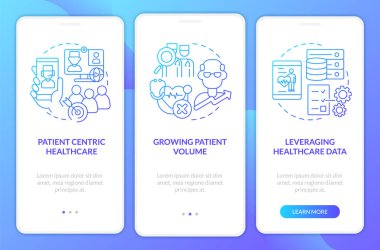 Gezici uygulama ekranında sağlık hizmeti mavi gradyanı ile karşı karşıya. Doğrusal kavramlarla dolu üç adımda grafik talimatları gözden geçir. UI, UX, GUI şablonu. Kullanılan sayısız Pro-Kalın, Düzenli yazı tipleri