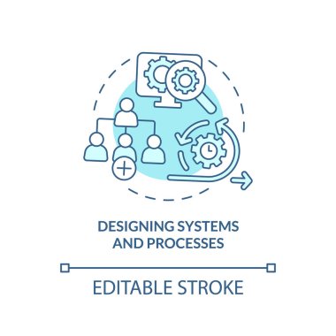 Sistemler ve işlemler turkuaz konsept simgesi dizayn ediliyor. İş stratejisi problemi soyut fikir ince çizgi çizimi. İzole bir taslak çizim. Düzenlenebilir felç. Arial, Myriad Pro-Kalın yazı tipleri