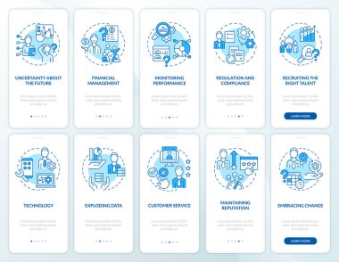 Mobil uygulama ekran seti üzerinde standart iş sorunları mavi. Çizgisel kavramlarla dolu 5 aşamalı grafik talimatları. UI, UX, GUI şablonu. Kullanılan sayısız Pro-Kalın, Düzenli yazı tipleri