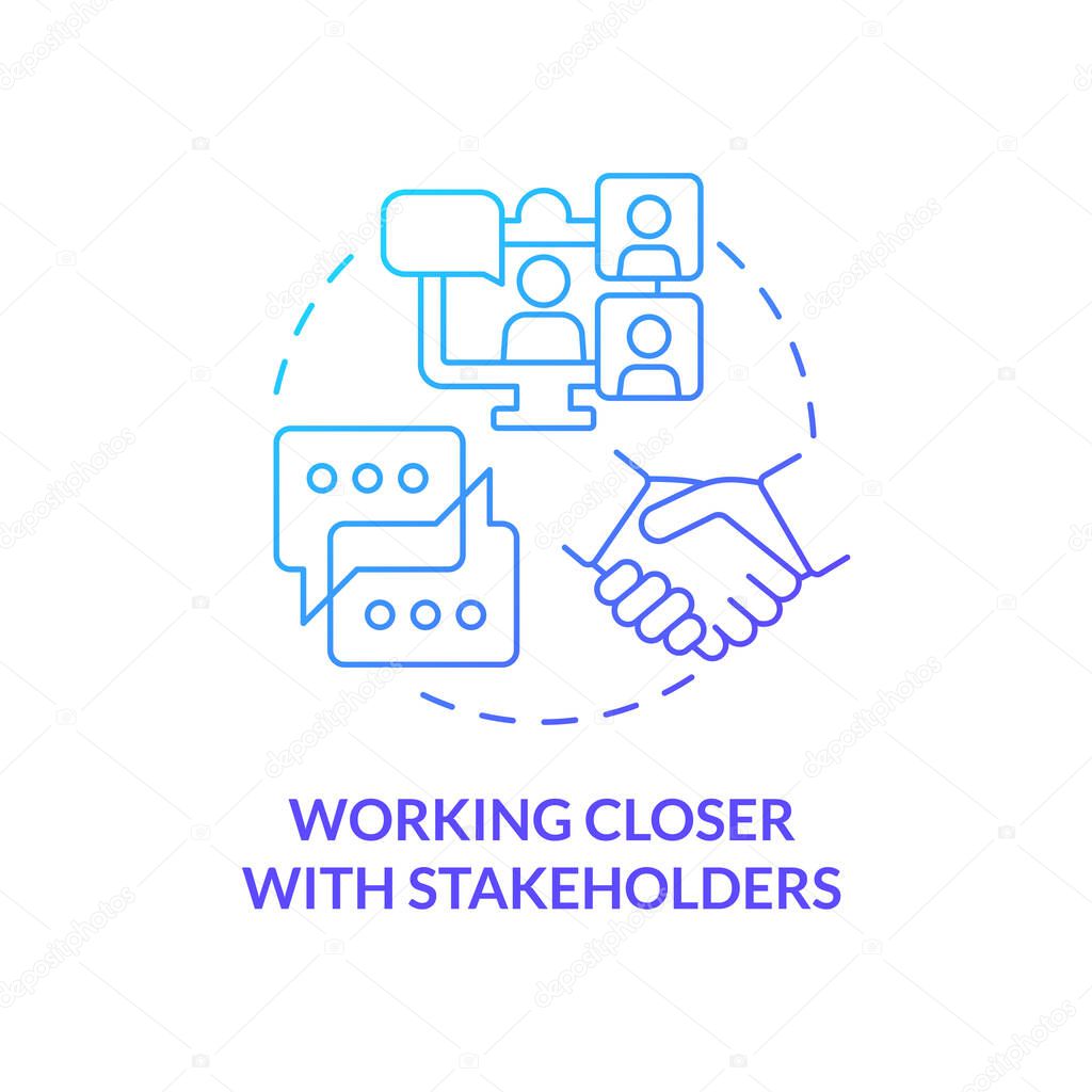 Working closer with stakeholders blue gradient concept icon. Advantage of online collaboration abstract idea thin line illustration. Isolated outline drawing. Myriad Pro-Bold font used