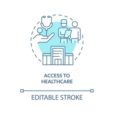 Sağlık hizmeti turkuaz konsept ikonuna erişim. Tıbbi yardım. Mülteci hakları, soyut fikir ince çizgi çizimi. İzole bir taslak çizim. Düzenlenebilir felç. Arial, Myriad Pro-Kalın yazı tipleri