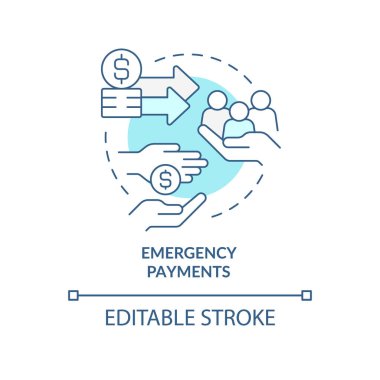 Acil ödemeler turkuaz konsept simgesi. Finansal yardım. Mültecilere soyut fikir çizimlerinde yardım etmenin bir yolu. İzole bir taslak çizim. Düzenlenebilir felç. Arial, Myriad Pro-Kalın yazı tipleri