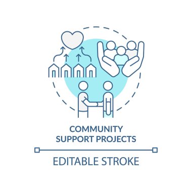 Toplum desteği projeleri turkuaz konsept simgesi. Mültecilere soyut fikir çizimlerinde yardım etmenin bir yolu. İzole bir taslak çizim. Düzenlenebilir felç. Arial, Myriad Pro-Kalın yazı tipleri