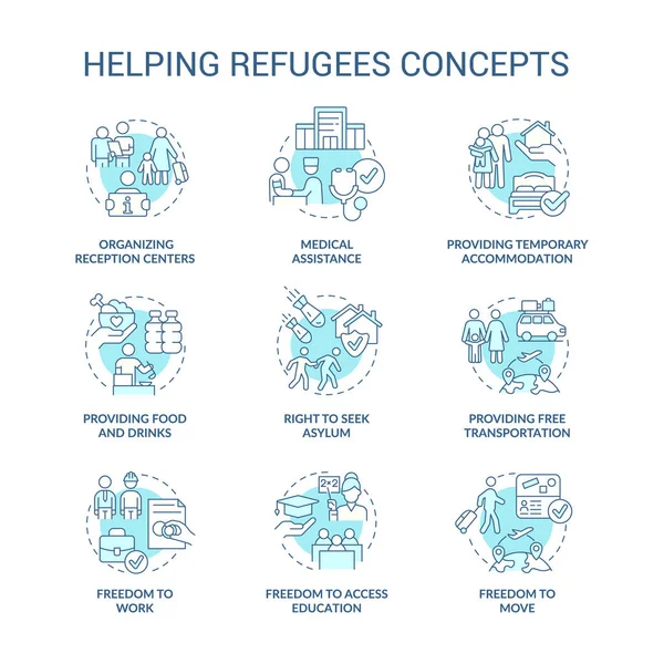 Ajudando Refugiados Turquesa Conjunto Ícones Conceito International Asylum Seekers Assistência — Vetor de Stock