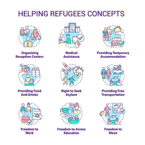 Ajudando refugiados conjunto de ícones conceito — Vetor de Stock