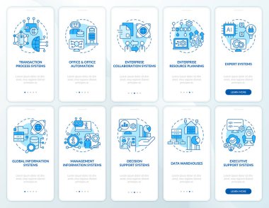 Bilgi sistemleri uygulaması mavi mobil uygulama ekranı seti