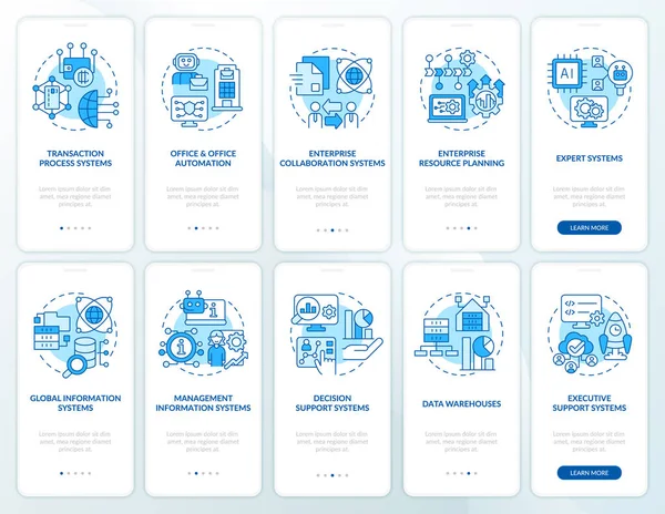 Aplikace informačních systémů modrá onboarding mobilní app set — Stockový vektor