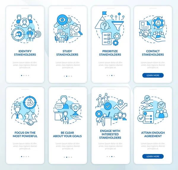 Stakeholder management, analysis blue onboarding mobile app screen set — 스톡 벡터