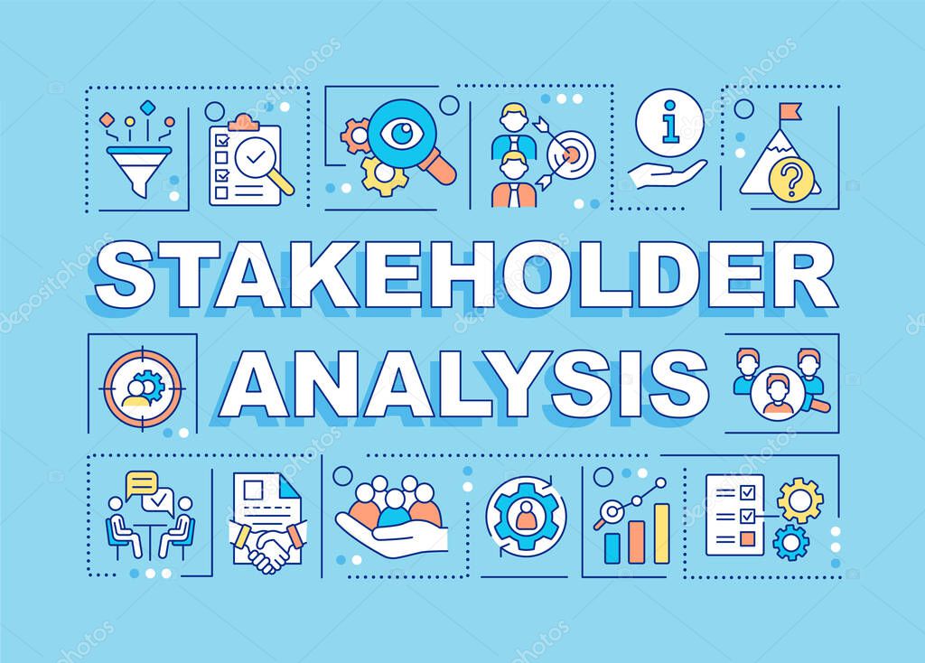 Stakeholder analysis word concepts blue banner. Potential partners. Infographics with icons on color background. Isolated typography. Vector illustration with text. Arial-Black font used