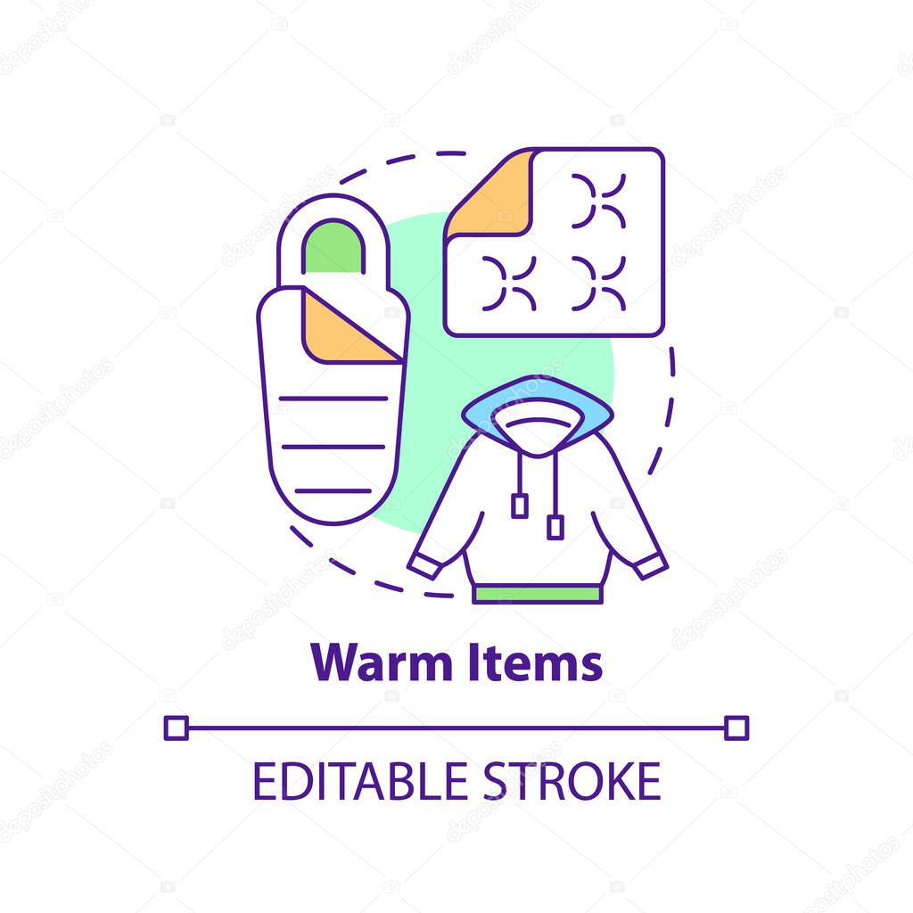 Warm items concept icon. Thing to store for surviving. Emergency preparedness abstract idea thin line illustration. Isolated outline drawing. Editable stroke. Arial, Myriad Pro-Bold fonts used