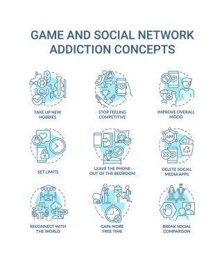 Oyun ve sosyal ağ bağımlılığı turkuaz konsept simgeleri ayarlandı