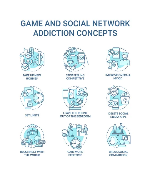 Játék és szociális hálózati függőség türkiz koncepció ikonok készlet — Stock Vector