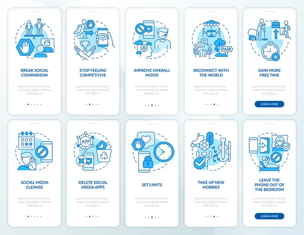 Game and social network addiction blue onboarding mobile app screen set — Stockový vektor