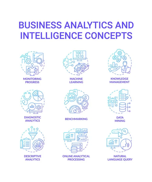 Conjunto de iconos de concepto de gradiente azul de inteligencia y analítica empresarial — Vector de stock