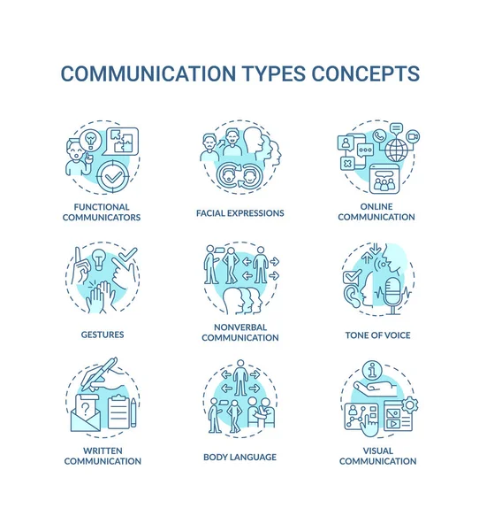 Tipos de comunicação conjunto de ícones conceito turquesa —  Vetores de Stock