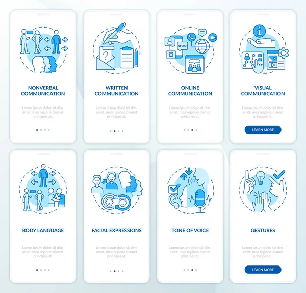 Communication skills development blue onboarding mobile app screen set — Image vectorielle
