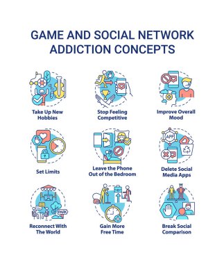 Oyun ve sosyal ağ bağımlılık konsepti simgeleri belirlendi