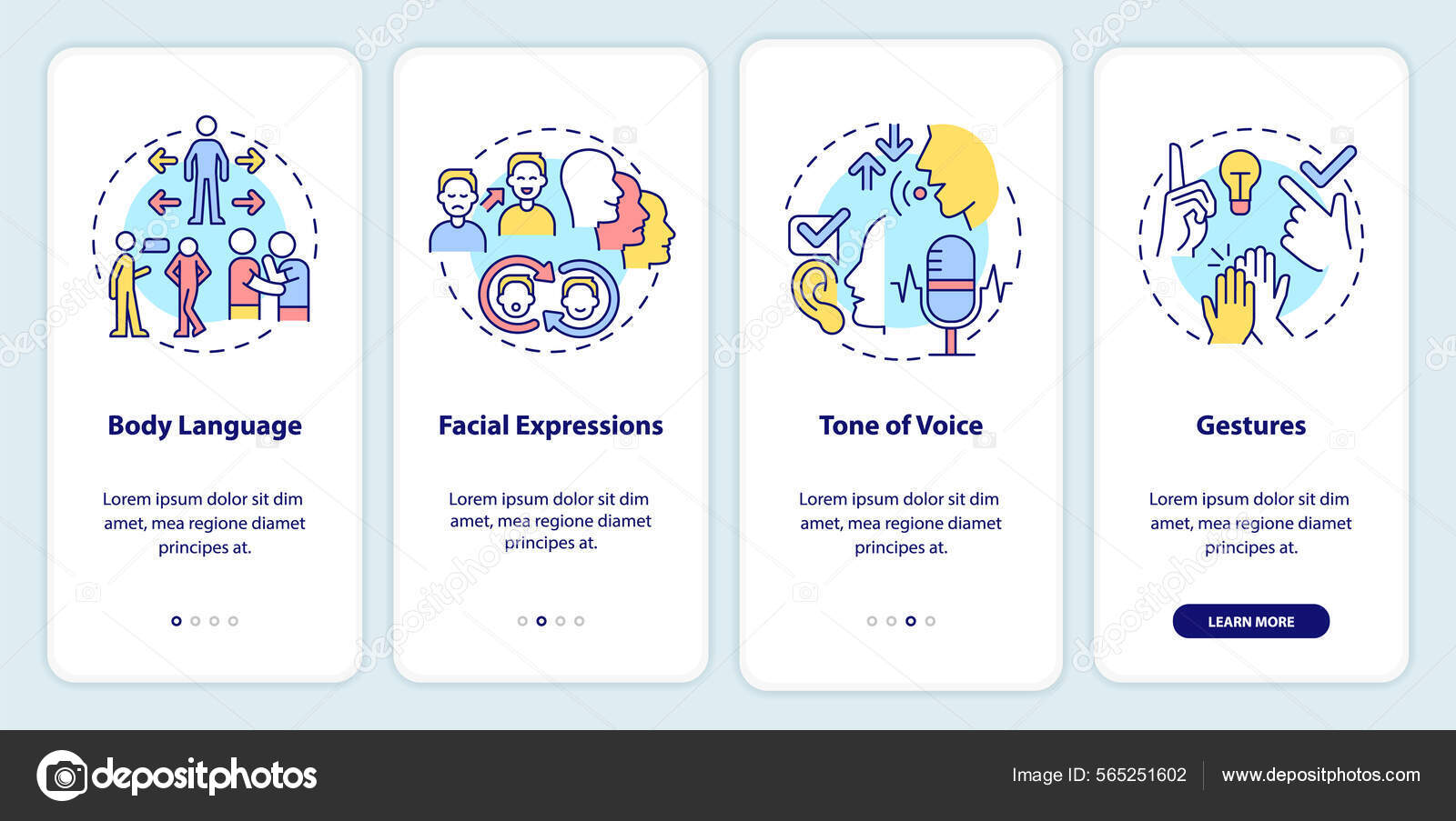 Nonverbal communication types onboarding mobile app screen Stock