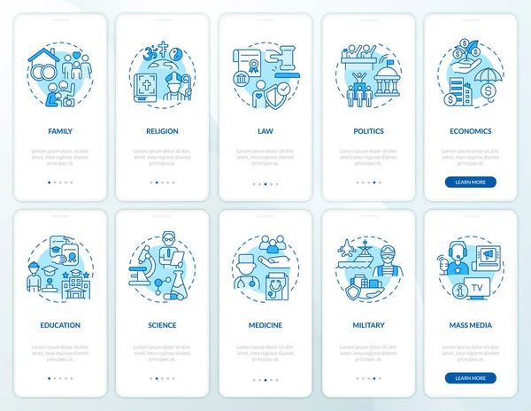 Social institutions blue onboarding mobile app screen set — 스톡 벡터