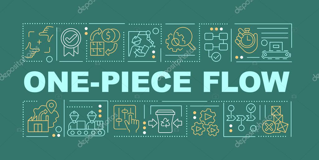 One piece flow word concepts dark green banner. Lean manufacturing. Infographics with icons on color background. Isolated typography. Vector illustration with text. Arial-Black font used