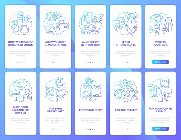 Kendinize iyi davranın mavi gradyan mobil uygulama ekranı seti
