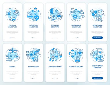 Global cooperation blue onboarding mobile app screen set