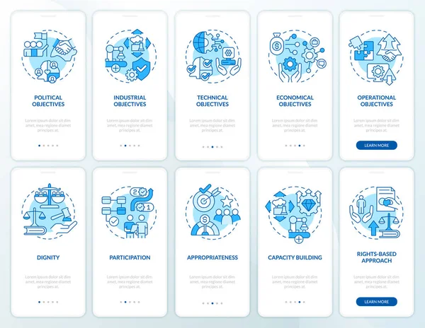 Global cooperation blue onboarding mobile app screen set — 스톡 벡터