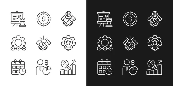 Business activities pixel idealny zestaw ikon liniowych dla trybu ciemnego, światła — Wektor stockowy